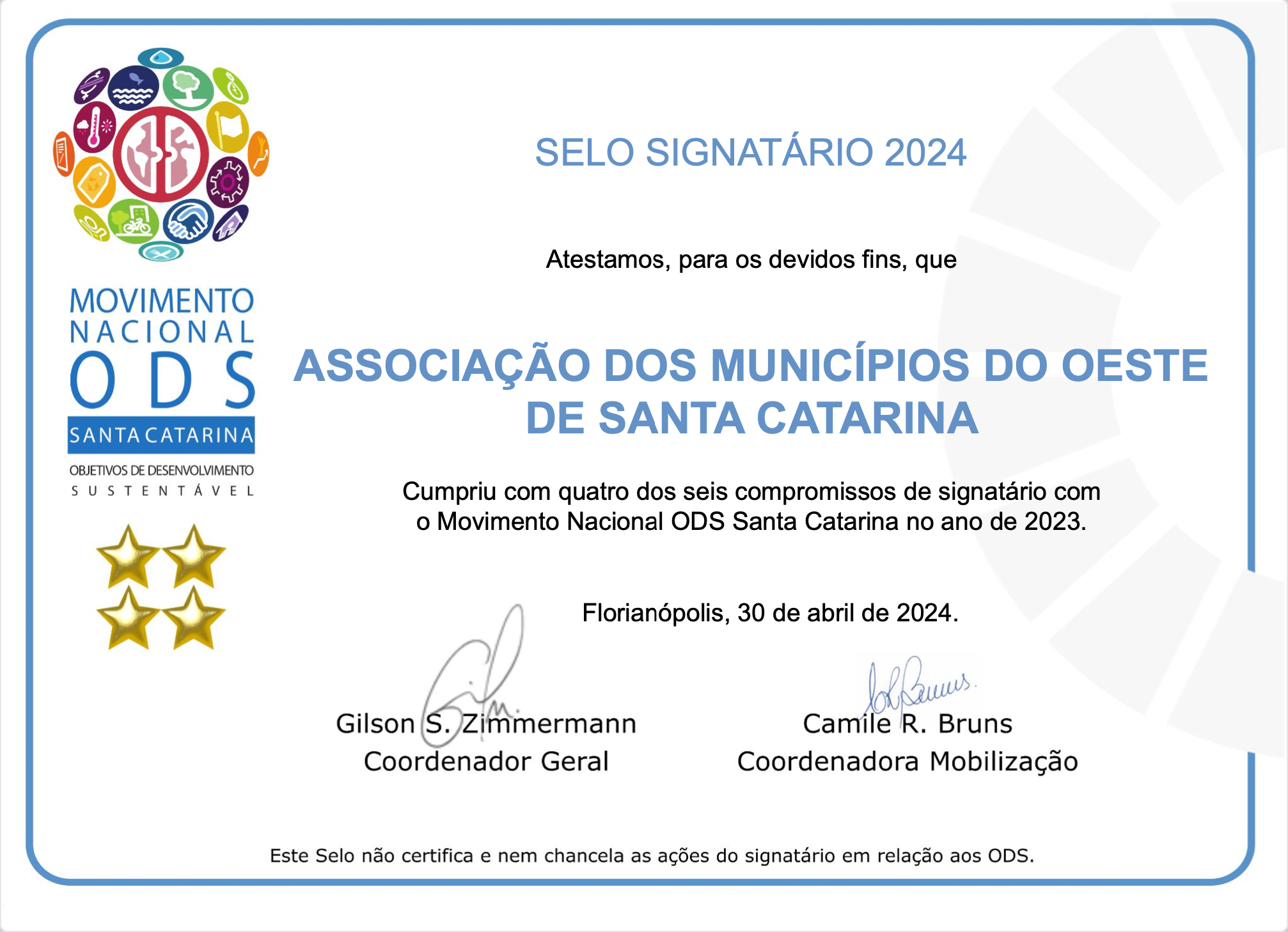 Leia mais sobre o artigo AMOSC recebe o selo signatário 2024 do movimento nacional ODS Santa Catarina